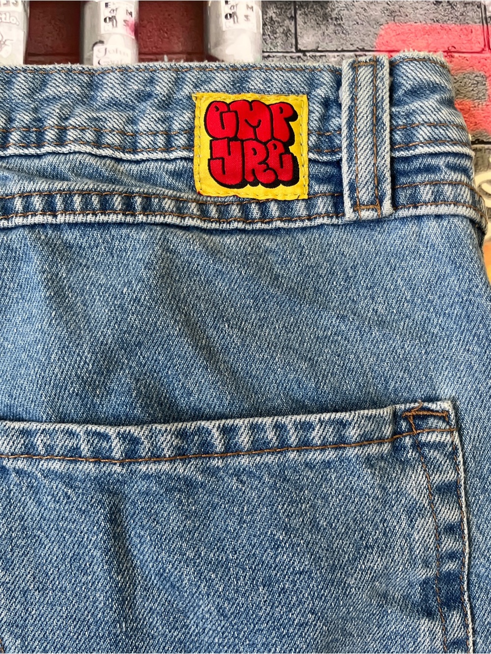 Empyre Men's Relaxed Blue Denim Jeans with Orange Logo Patch 32x30 - Picture 5 of 13